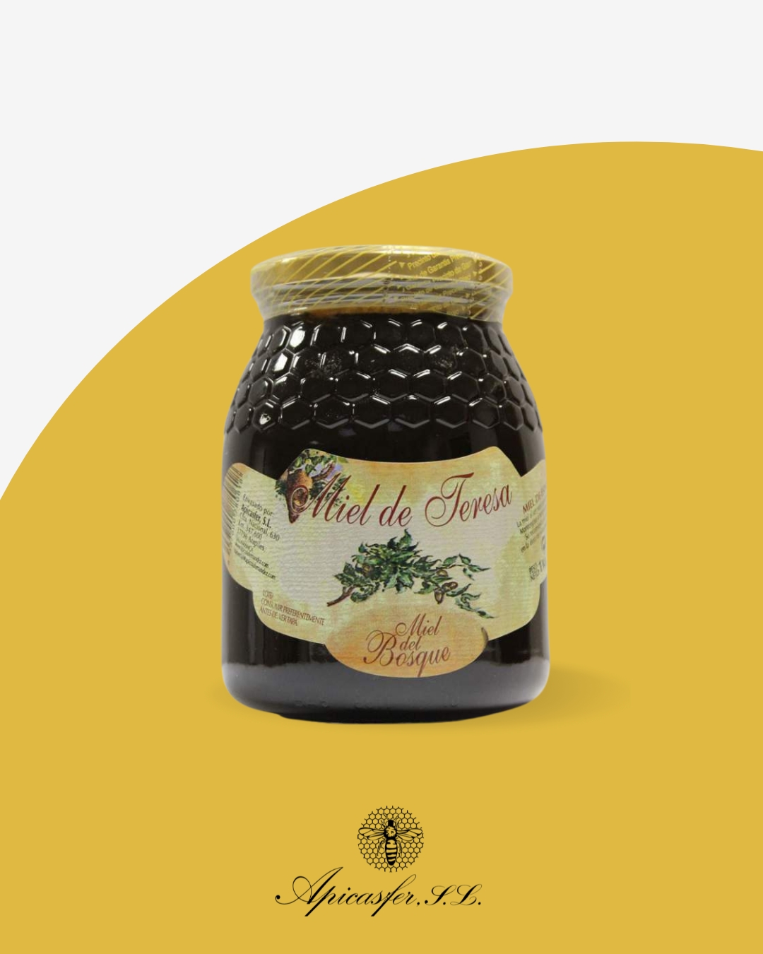 Miel de encina de Salamanca - Apícola Fernández - Tarro de miel oscura en un bosque de encinas